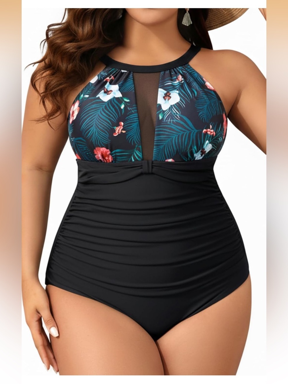 One Piece Swimsuit Tummy Control High Neck Black Floral 28W 1557/bb10-1